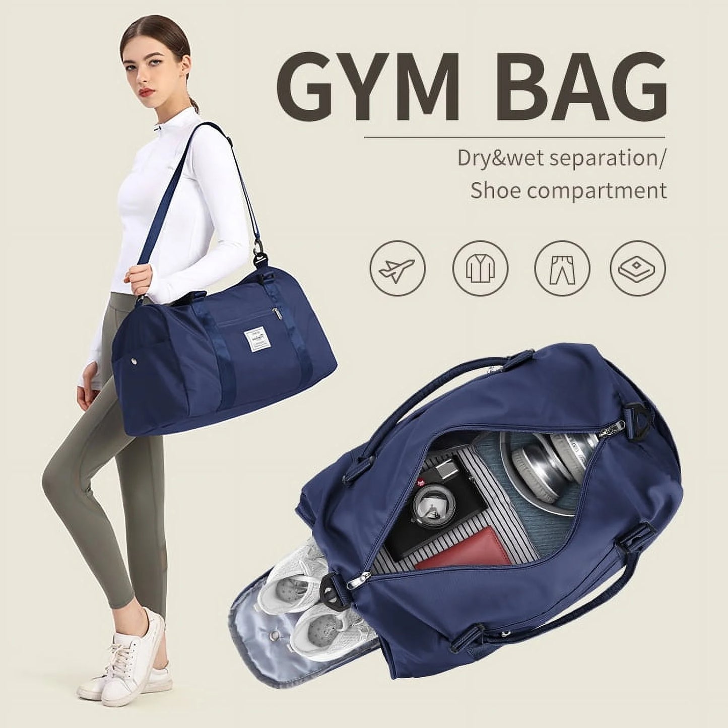 Gym Bag for Women Men with Wet Pocket, Travel Duffle Bag Sport Gym Tote Bag with Shoe Compartment, Carry on Overnight Bag Hospital Bag Black